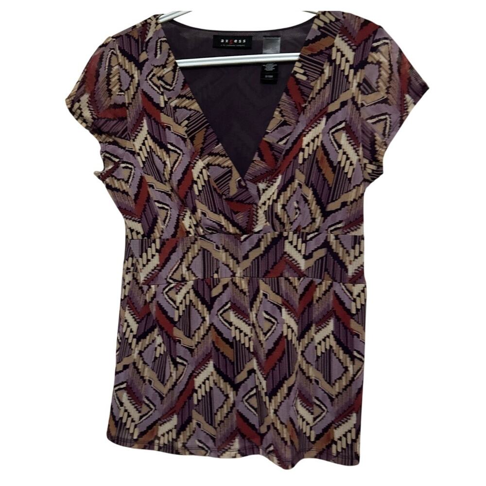 Axcess Women's Lavender Black Beige V-Neck Cap Sleeve Blouse Size M‎